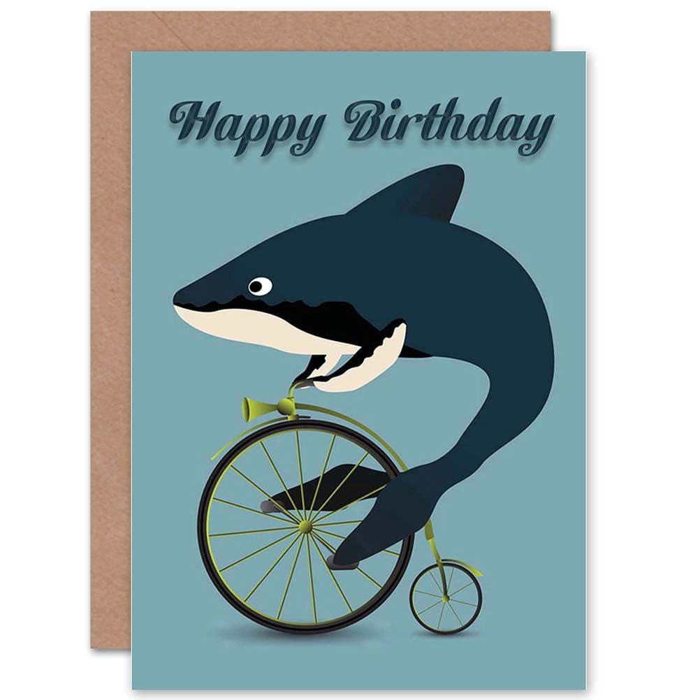 Happy Birthday Whale Shark Bicycle Penny Farthing Absurd Greetings Card