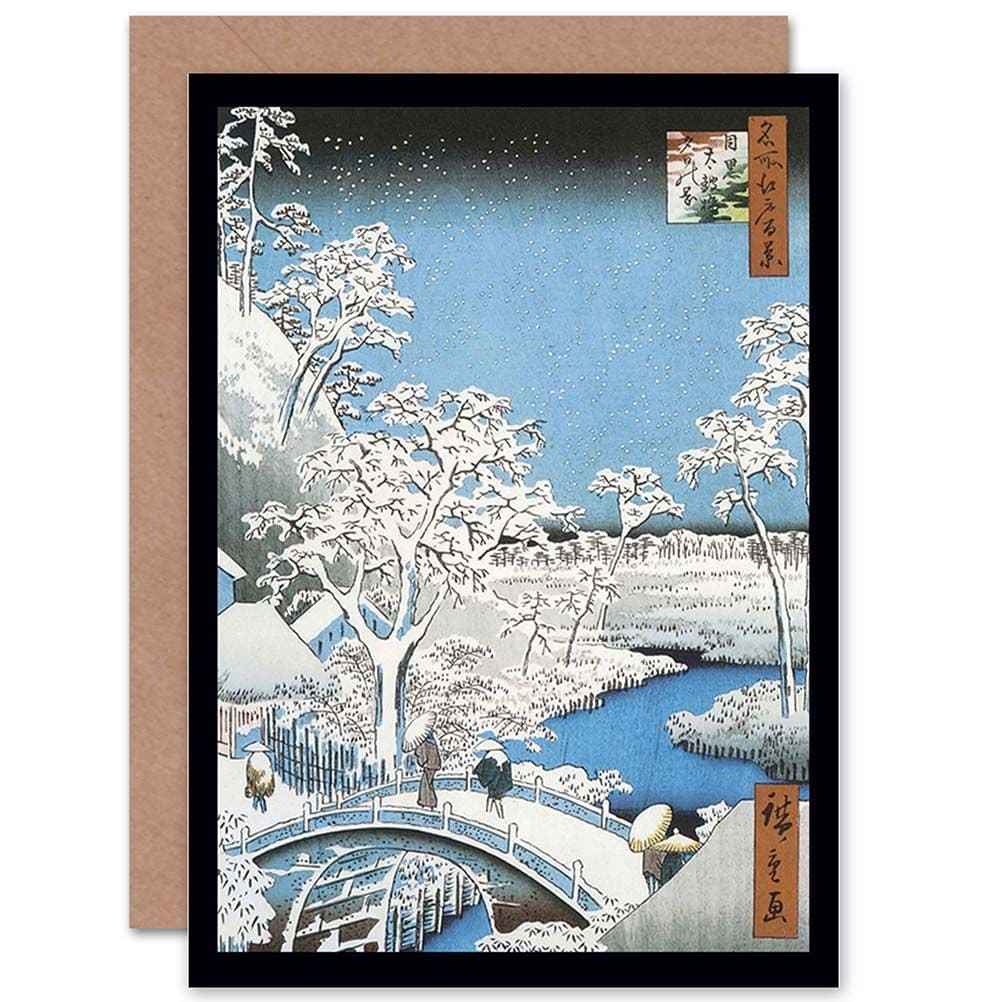 Painting Japan Woodblock Winter Bridge Over River Greetings Card