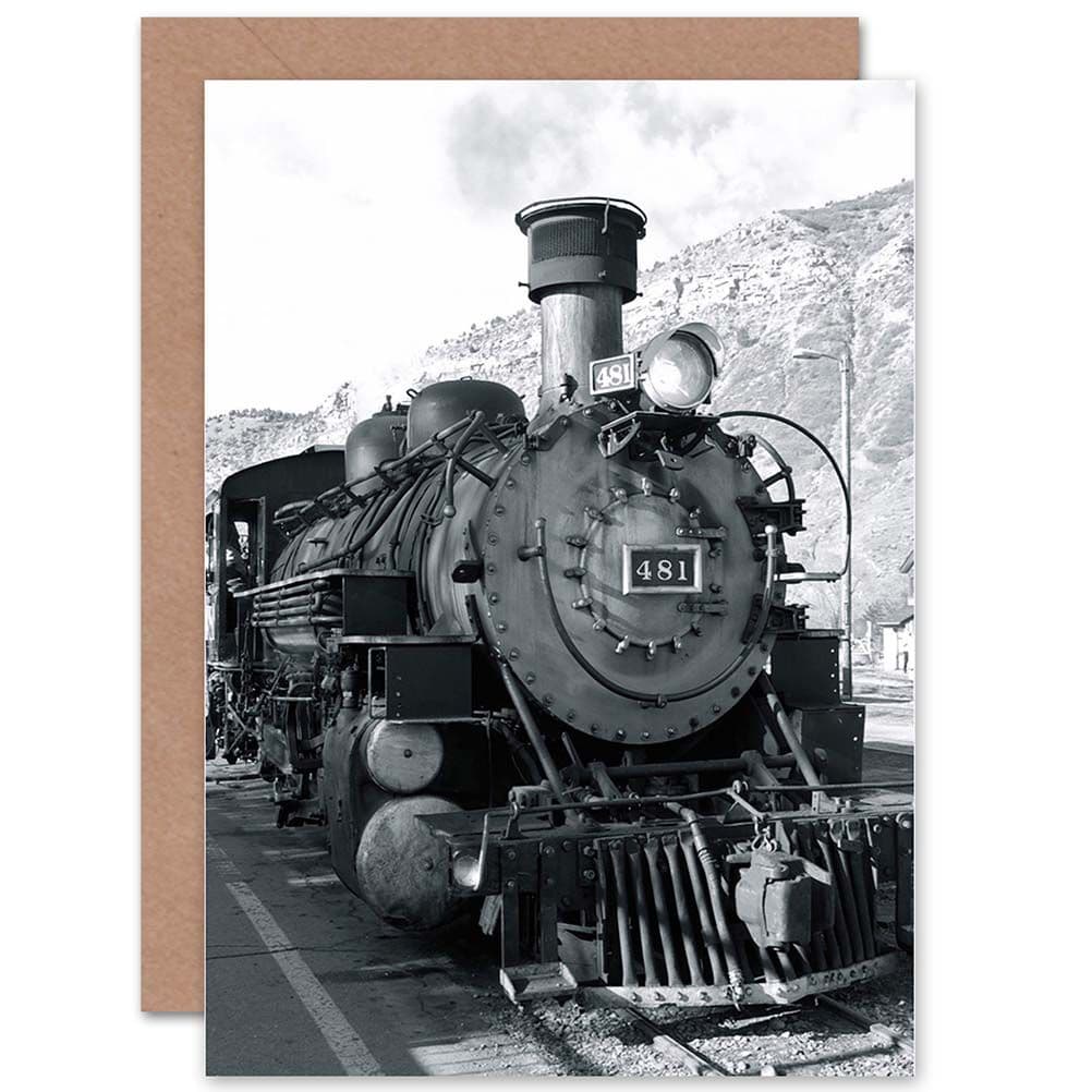 Black White Train Steam Engine Front Greetings Card