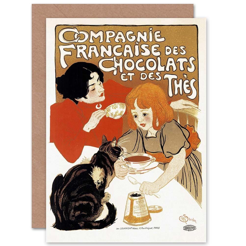 Tea Chocolate Drink Paris France Cat Retro Advert Greetings Card