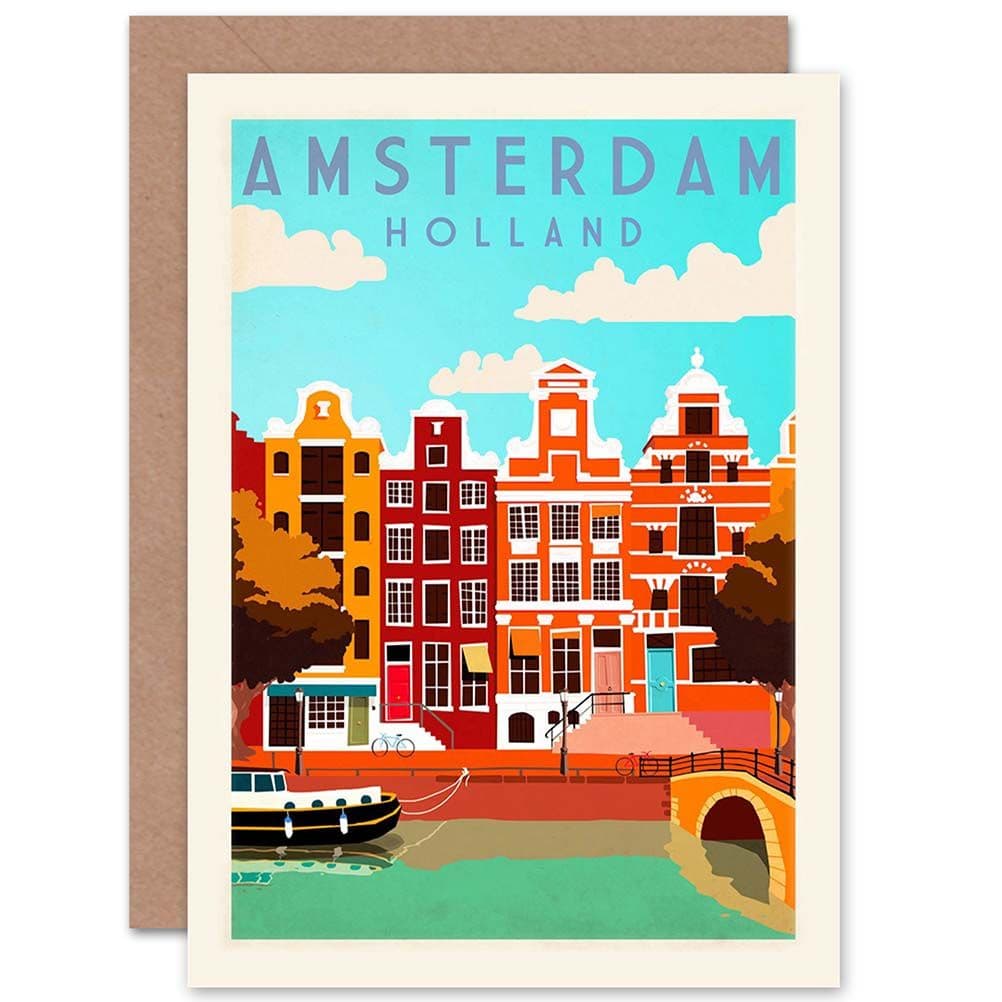 Travel Amsterdam Holland Netherlands Canal Bridge Boat Greetings Card