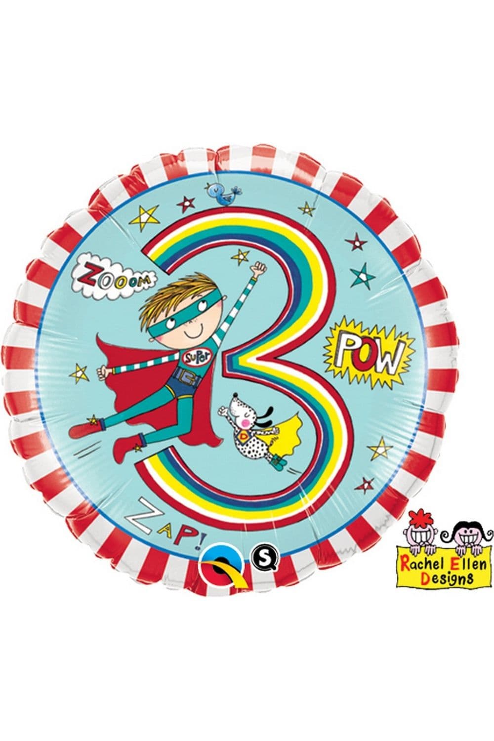 18 Inch Striped Super Hero Design Age 3 Circular Foil Balloon