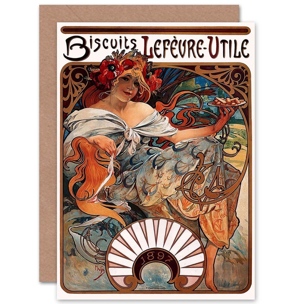 Ad Vintage Nouveau Mucha Biscuits Cookies France Greetings Card