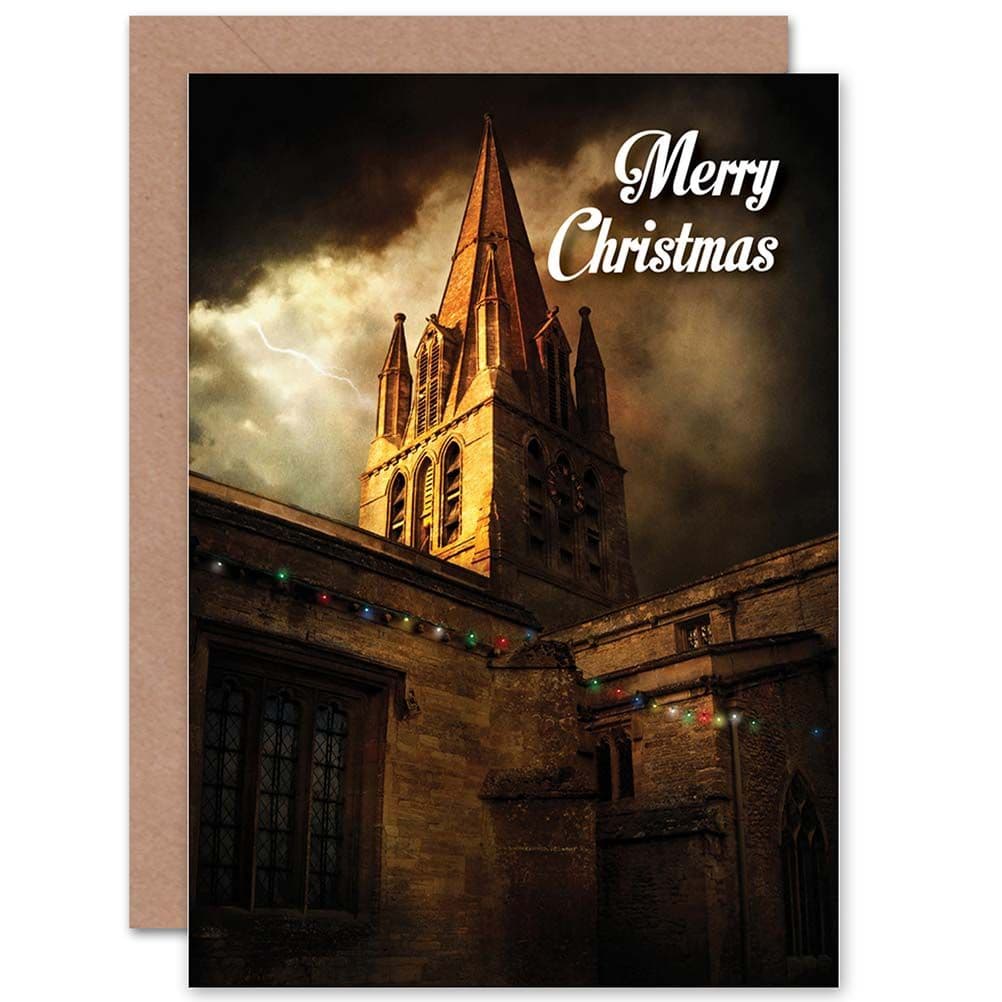 Christmas Xmas Church Steeple Lightning Greetings Card