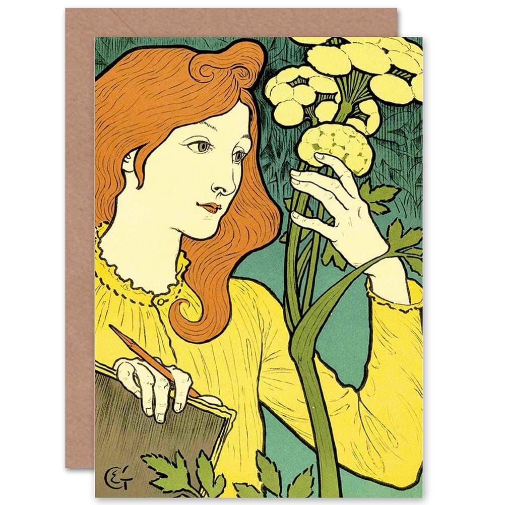 Detail Nouveau Woman Flowers Greetings Card