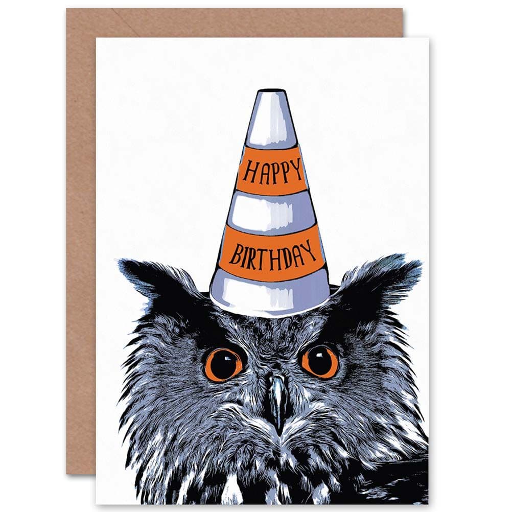 Owl Traffic Cone Hat Fun Happy Birthday Greetings Card