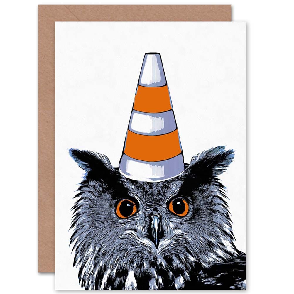Painting Owl Wearing Traffic Cone Glasgow Style Greetings Card