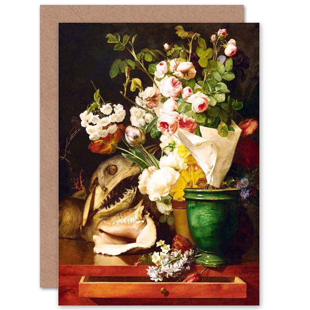 Painting Still Life Berjon Flowers Shells Shark Head Greetings Card