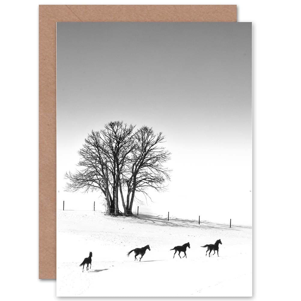 Photo Winter Landscape Bare Trees Running Horses Greetings Card