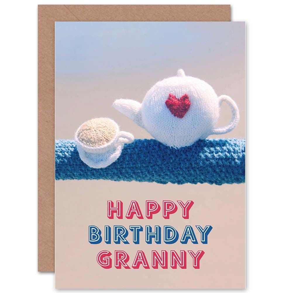 Birthday Happy Gran Granny Knitted Teapot Cup Greetings Card