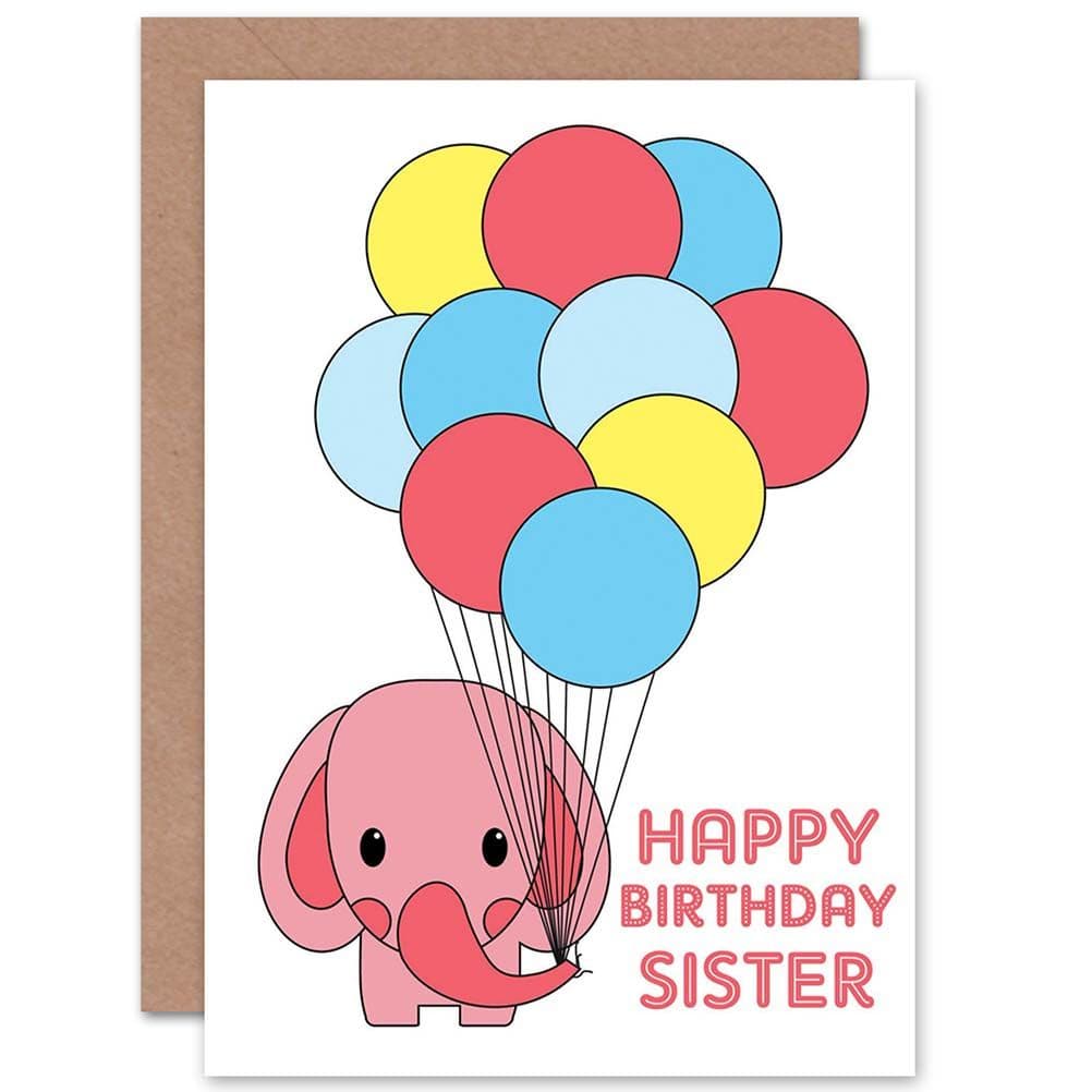 Birthday Happy Sister Cute Pink Elephant Balloon Greetings Card