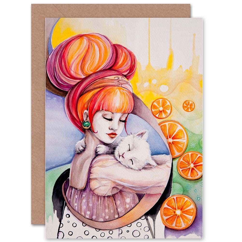 Redhead Girl White Cat Oanges Greetings Card