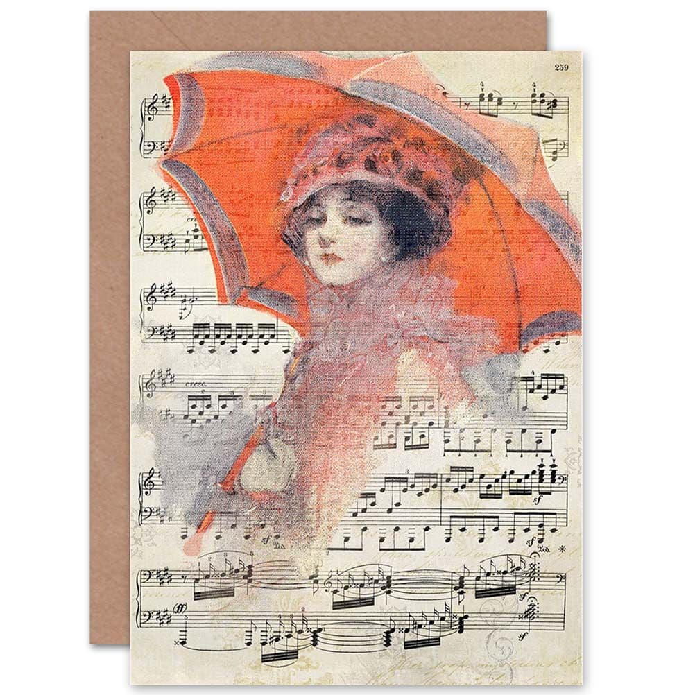 Birthday Music Sheet Woman Red Umbrella Dress Greetings Card