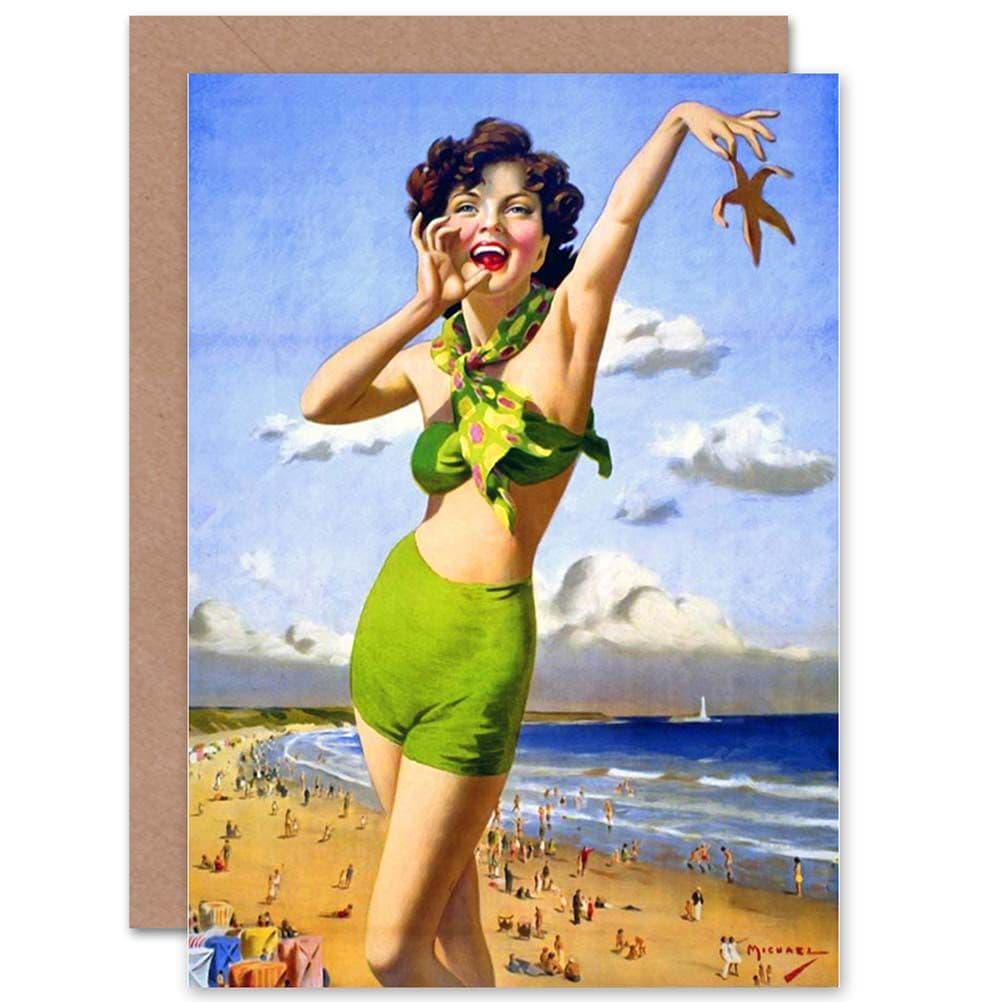 Birthday Painting Beach Starfish Swimmer Woman Greetings Card