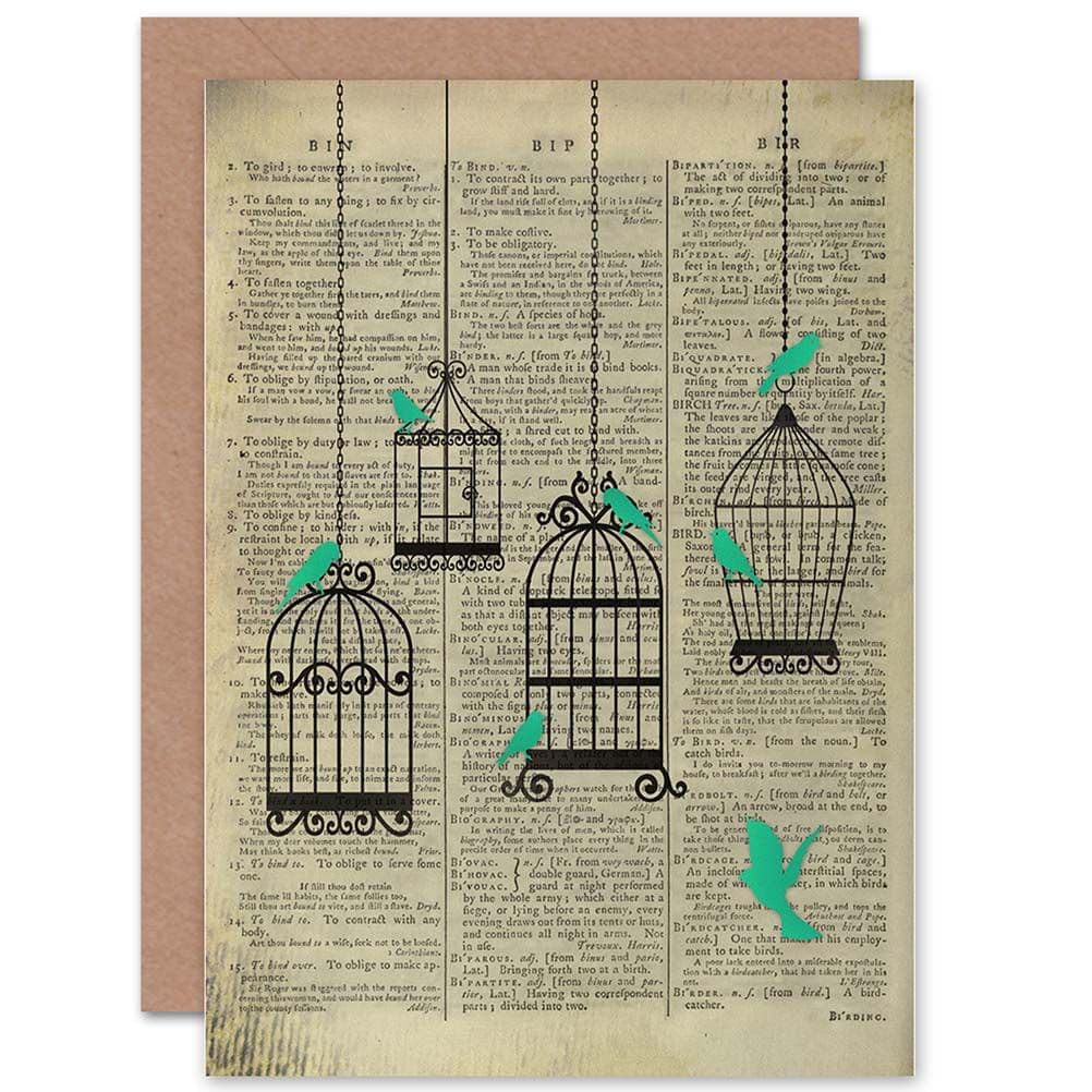 Birthday Upcycle Dictionary Birdcage Birds Greetings Card