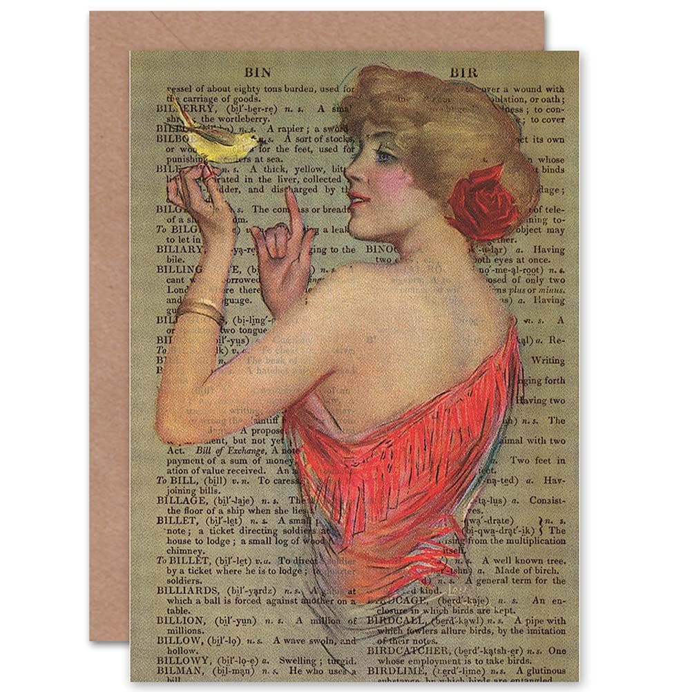 Birthday Upcycle Dictionary Woman Dress Bird Greetings Card
