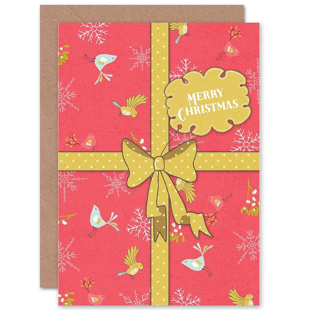 Cute Christmas Present Wrapper Xmas Gift Bow Ribbon Greetings Card