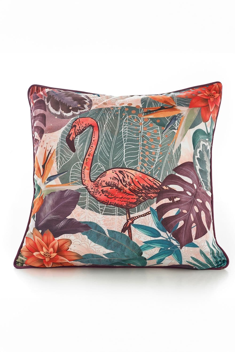 Flamingo 50x50cm Soft Velvet Pipe Trimmed Filled Cushion