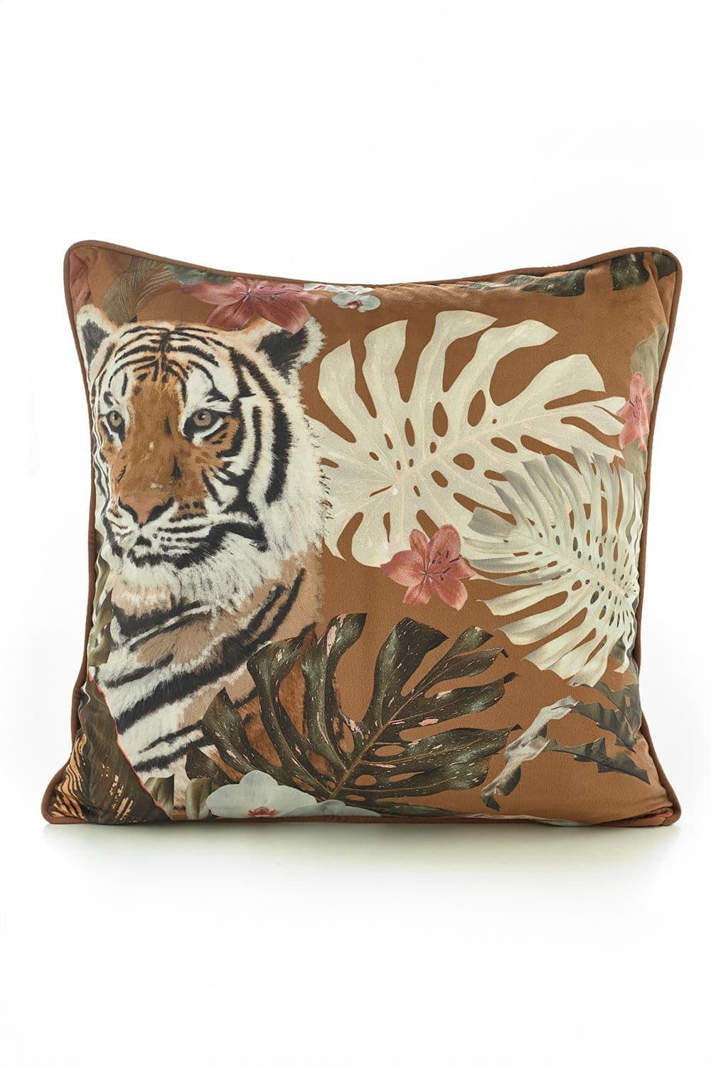 Tiger 50x50cm Soft Velvet Pipe Trimmed Filled Cushion