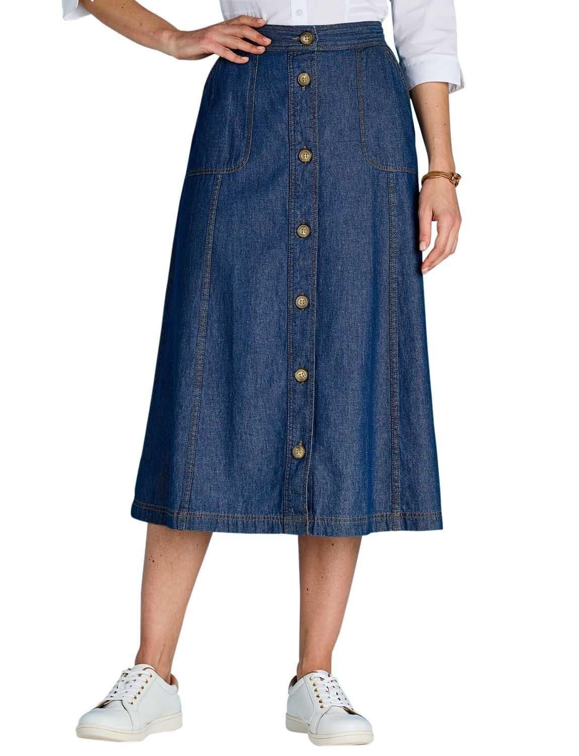 Chums Women's Denim Button Through Cotton Long Skirt in Blue | Size: 24S