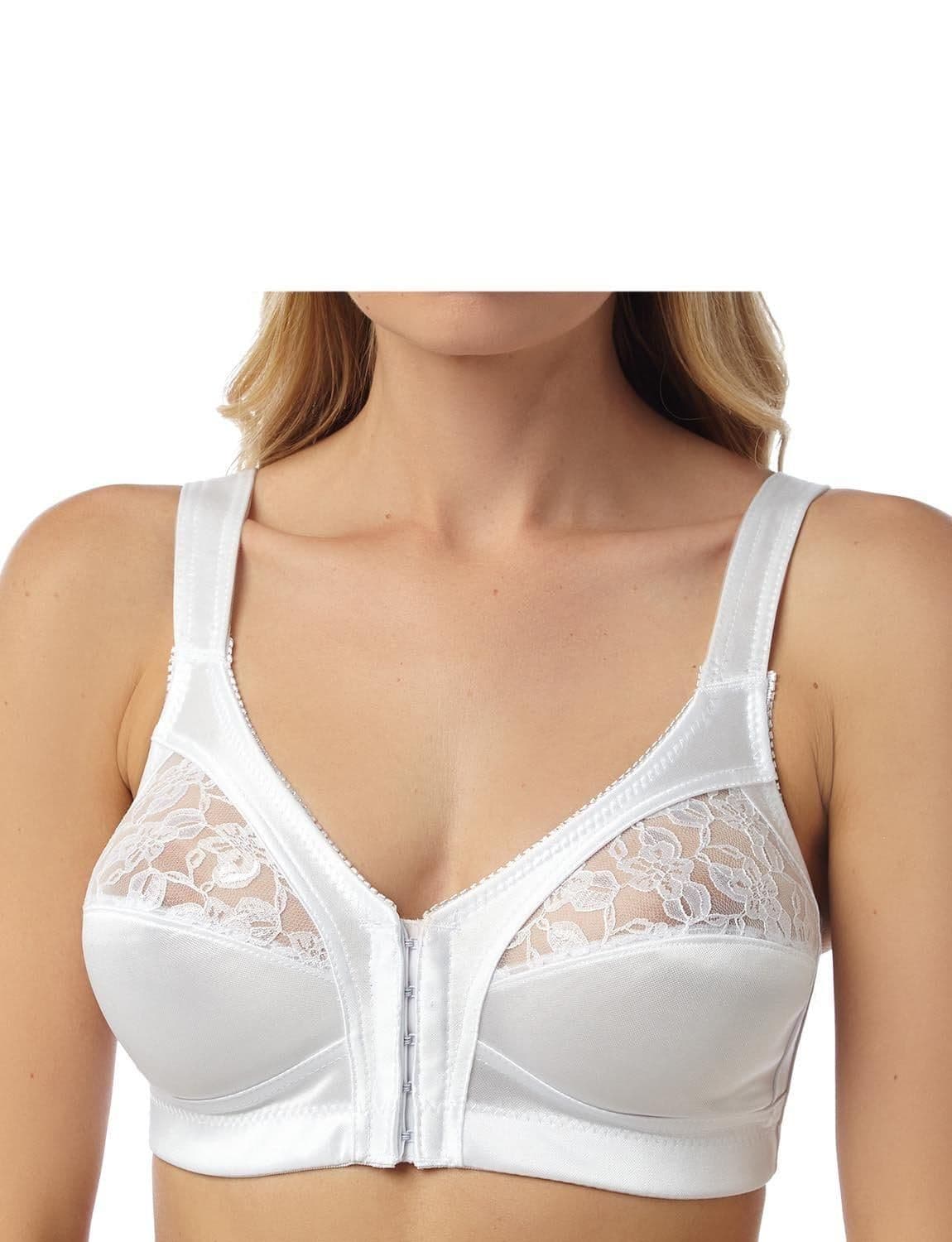 Chums Women's Front Fastening Bra Soft Cup with Lace Trim Extra Wide Strap Bra in White | Size: 42DD