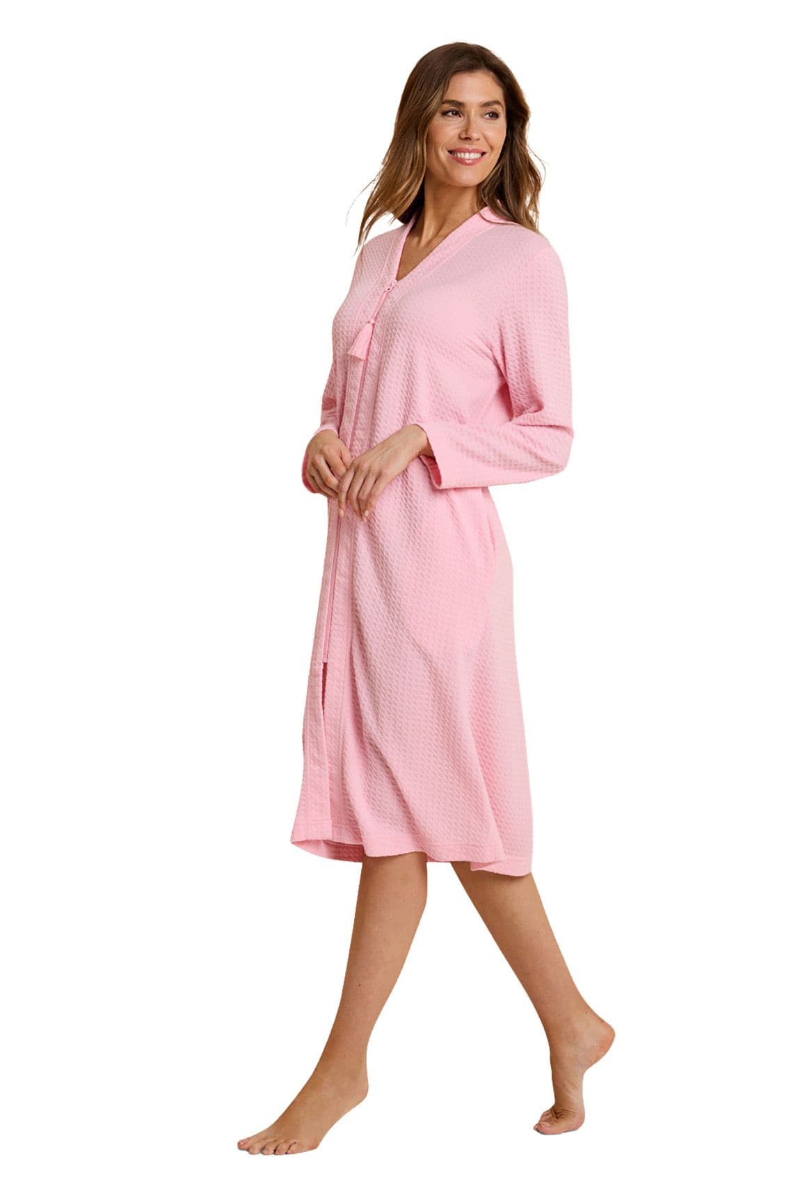 Chums Women's Waffle Zip Through Dressing Gown - Soft Jersey Bathrobe with Tassel in Pink | Size: XL