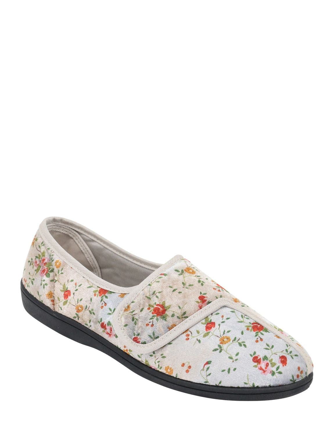 Chums Women's Dr Keller Floral Print Touch Fasten Slipper - Wide E Fit Velour in Grey | Size: 5