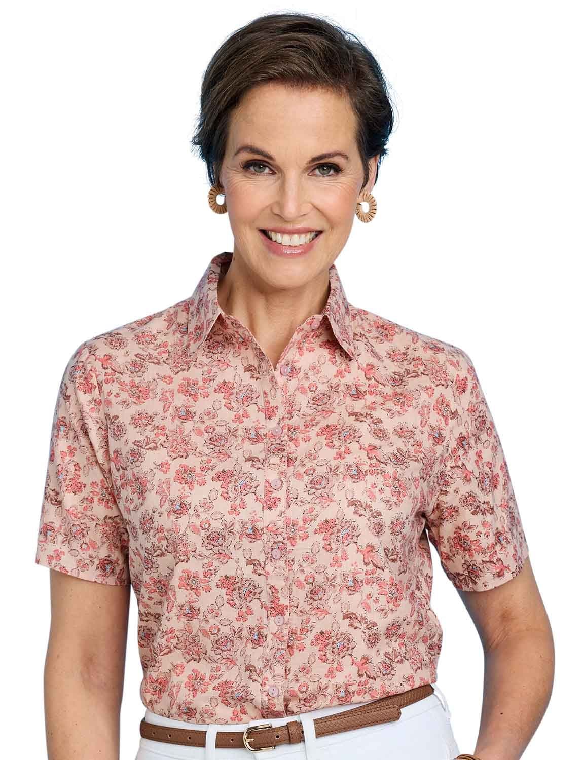 Chums Women's Short Sleeve Cotton Printed Blouse in Peach | Size: 20