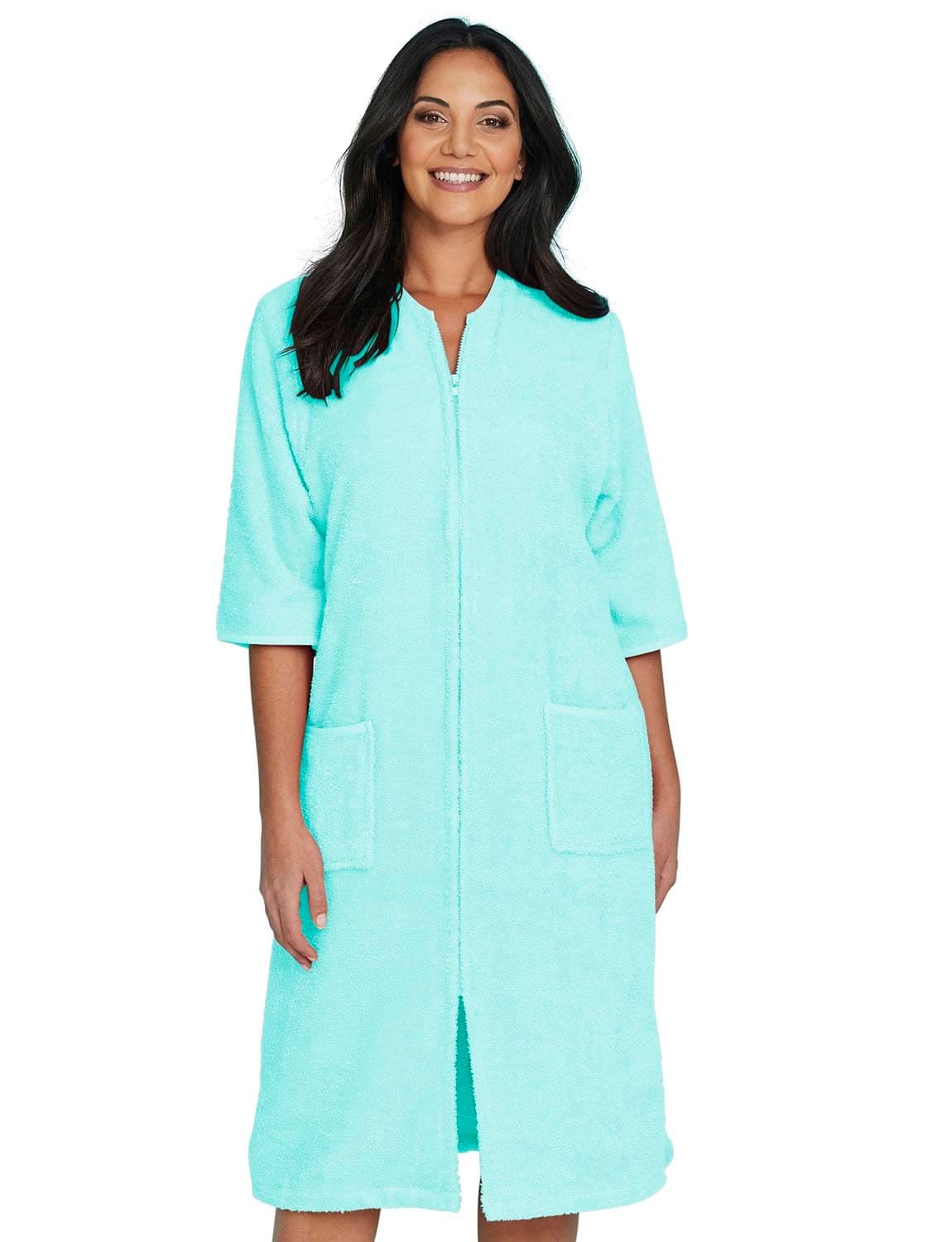 Chums Women's Zip Through 3/4 Sleeve Towelling Dressing Gown in Mint | Size: 20-22