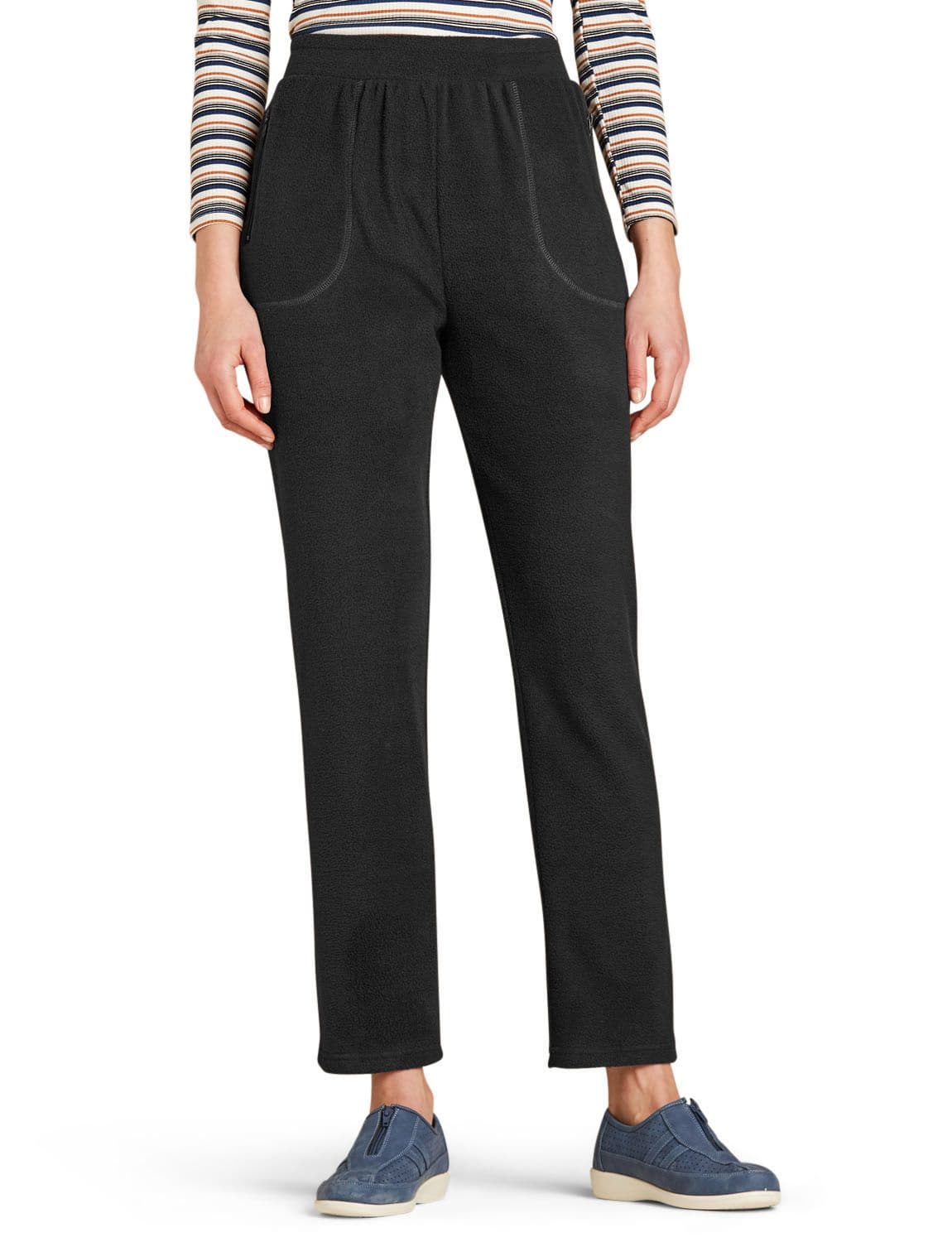 Chums Women's Fleece Trousers with Elasticated Waist Zip Pockets Pull On Trousers in Black | Size: 10XS