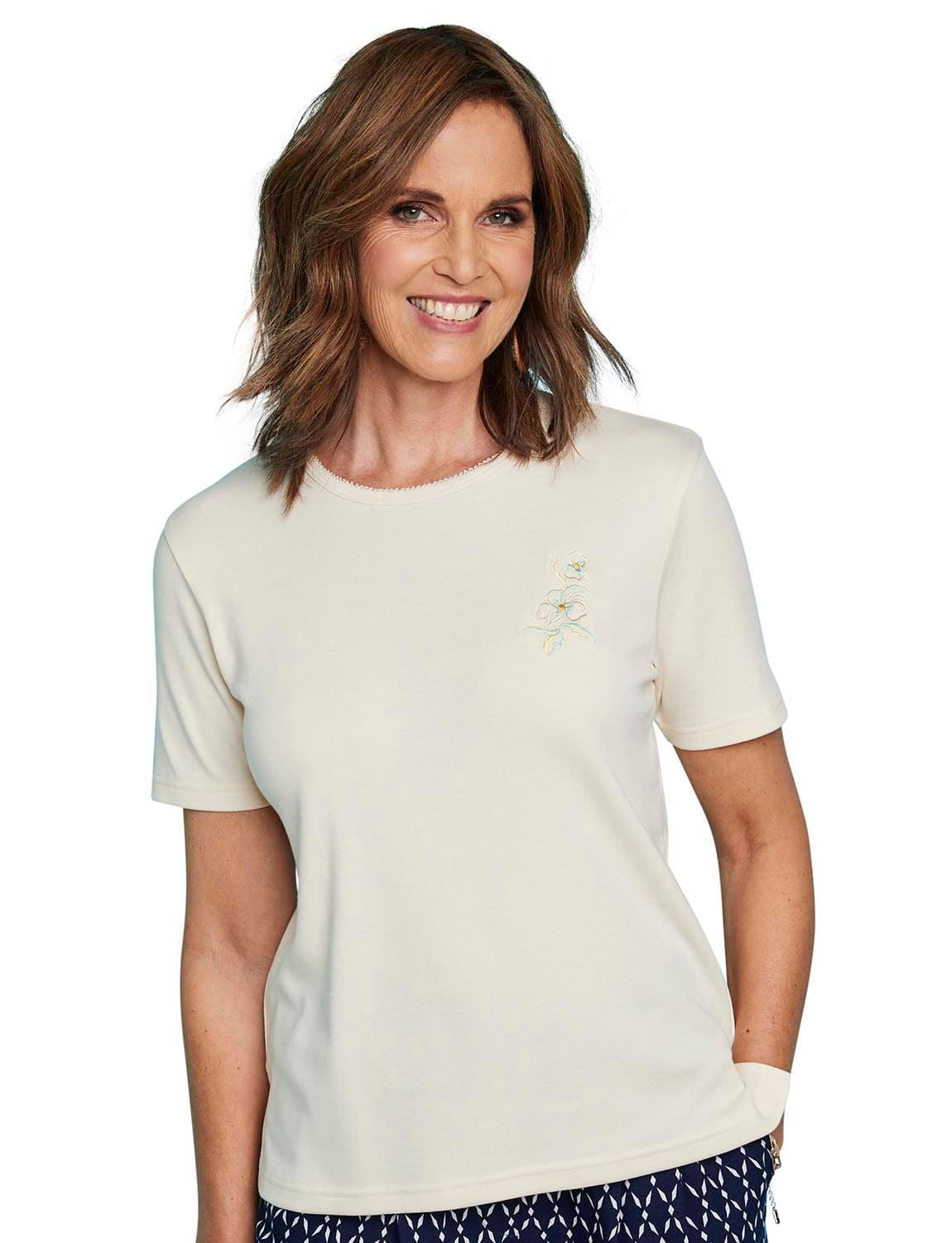 Chums Women's Crew Neck T-Shirt With Embroidery in Cream | Size: 26-28