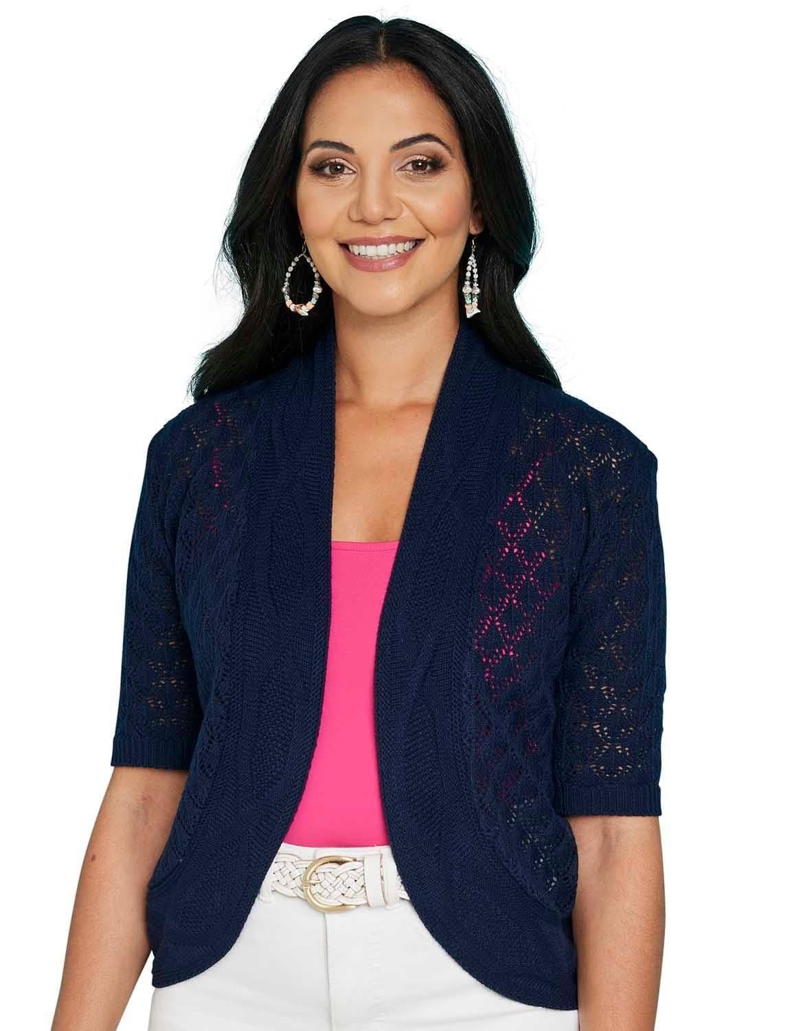 Chums Women's Lightweight Pointelle Knit Bolero Shrug Elegant in Navy | Size: 26-28