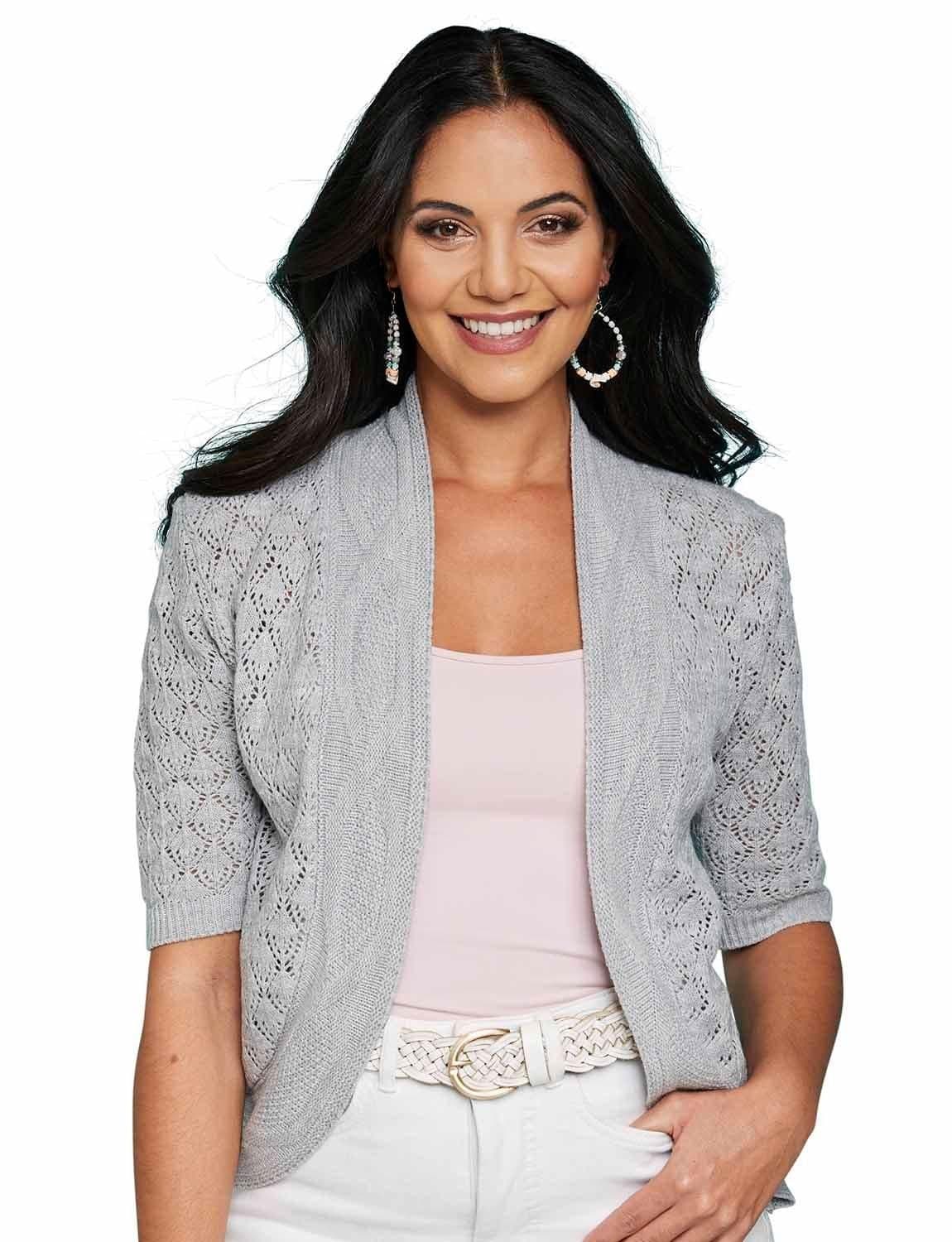 Chums Women's Lightweight Pointelle Knit Bolero Shrug Elegant in Silver | Size: 18-20