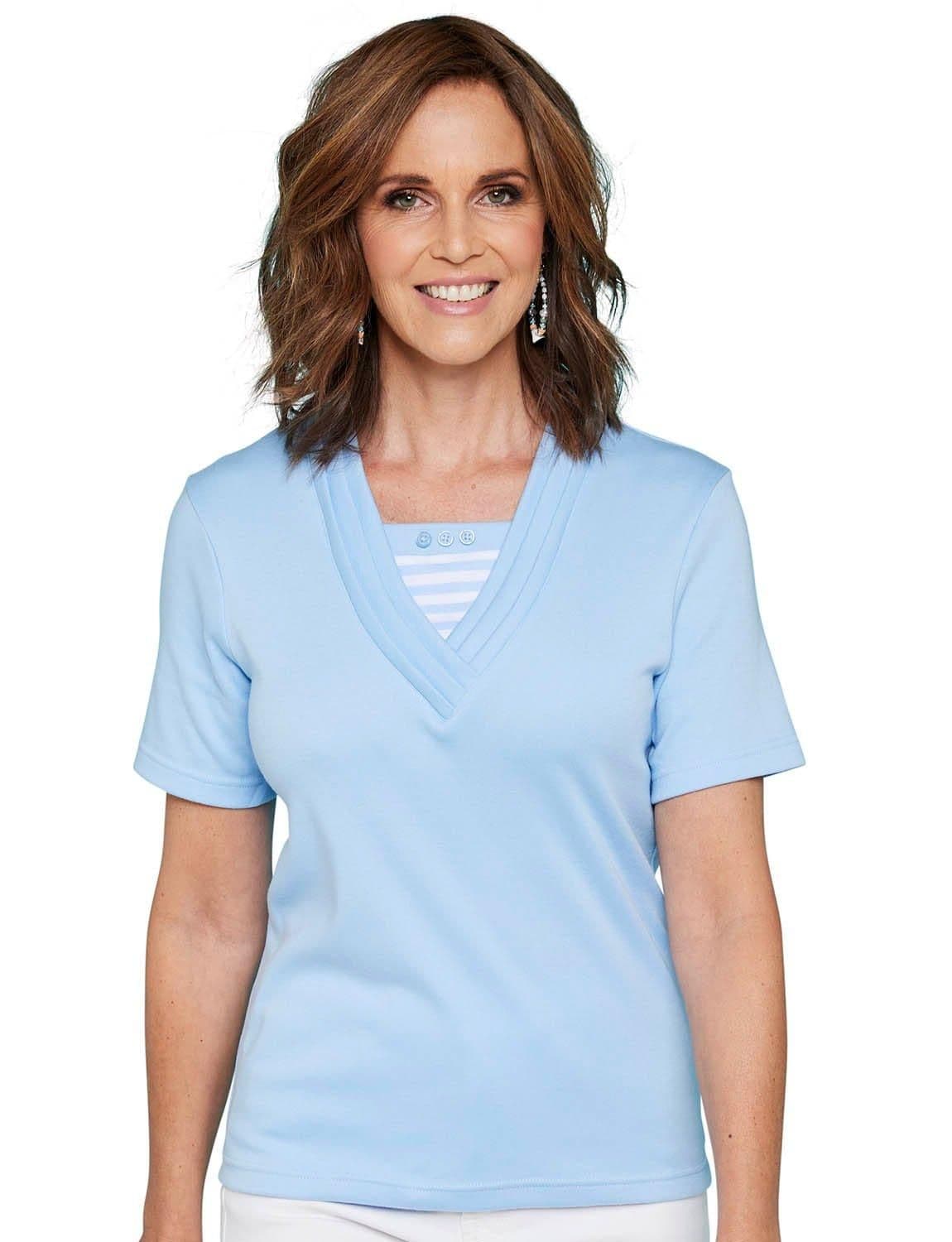 Chums Women's Short Sleeve V-Neck T-Shirt with Stripe Insert & Pleat Detail in Light Blue | Size: Small