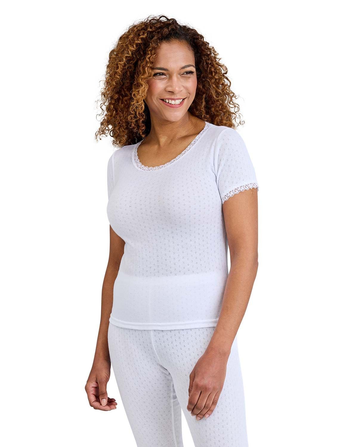 Chums Women's Pointelle Thermal Short Sleeve Vest in White | Size: 22-24