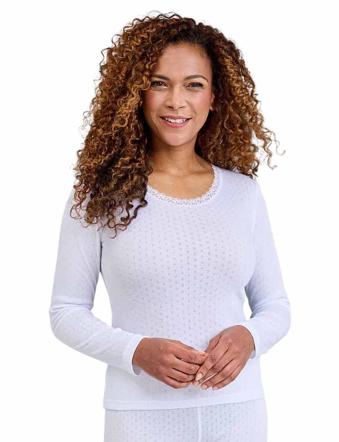 Chums Women's Pointelle Thermal Long Sleeve Vest in White | Size: 14-16