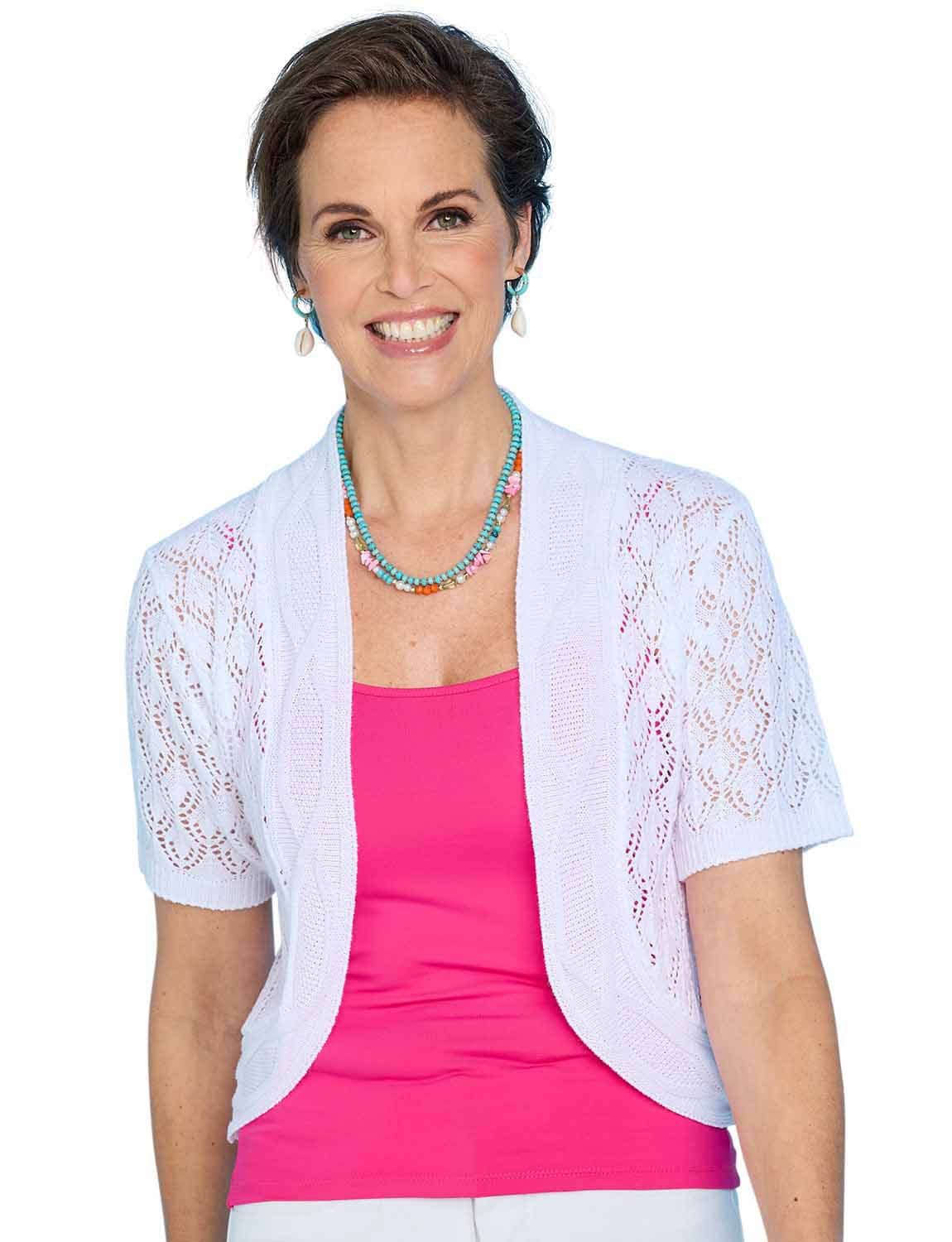 Chums Women's Lightweight Pointelle Knit Bolero Shrug Elegant in White | Size: 22-24