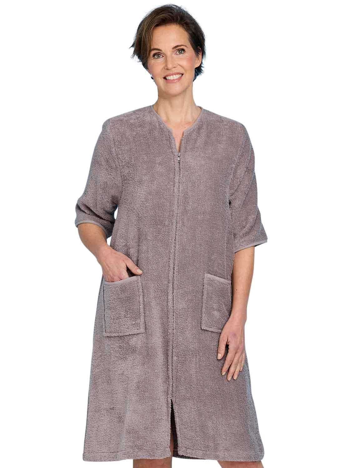 Chums Women's Zip Through 3/4 Sleeve Towelling Dressing Gown in Brown | Size: 8-10