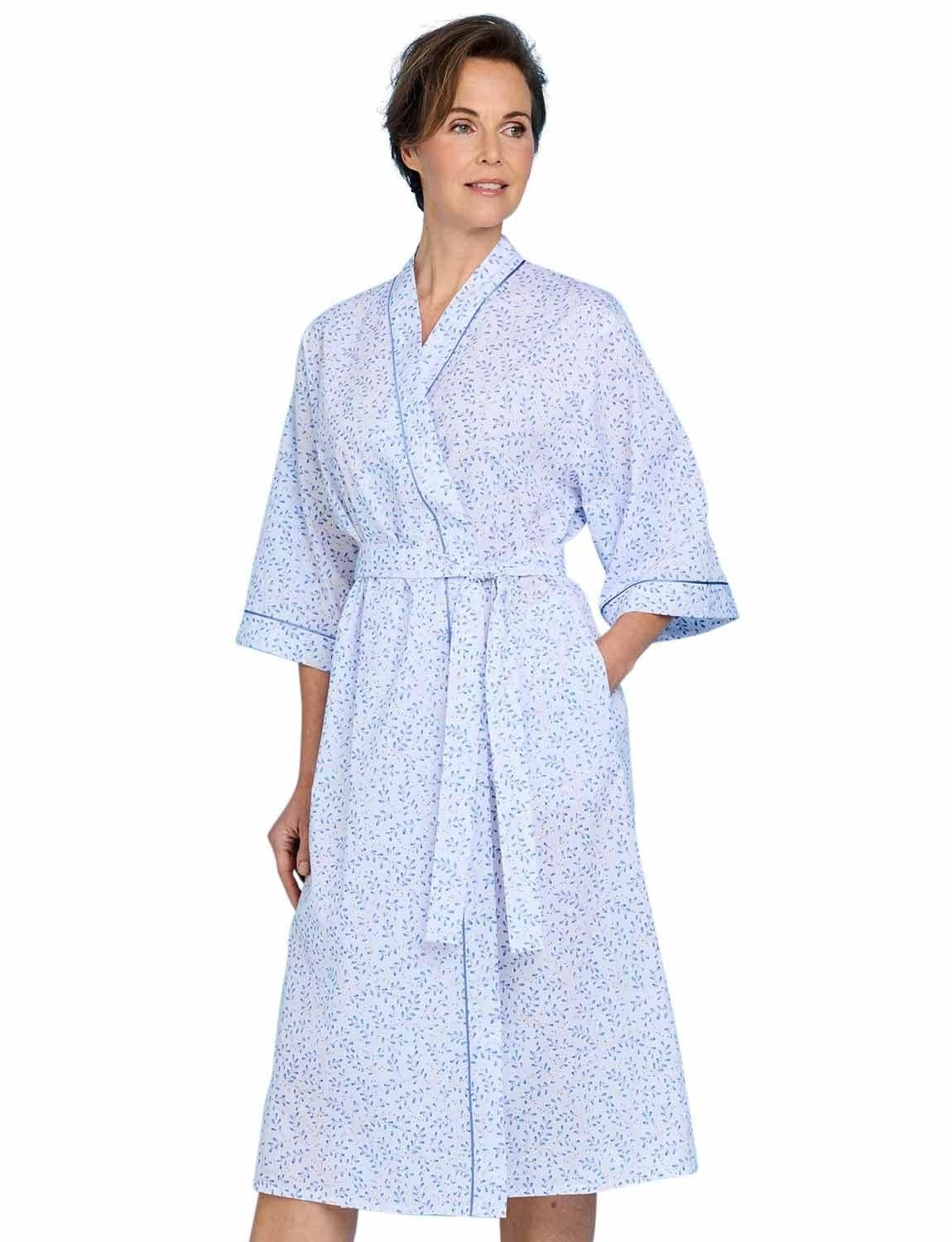 Chums Women's Swirl Leaf Print Wrap Robe with Kimono Sleeve Styling & Piping Trim in Blue | Size: 16-18
