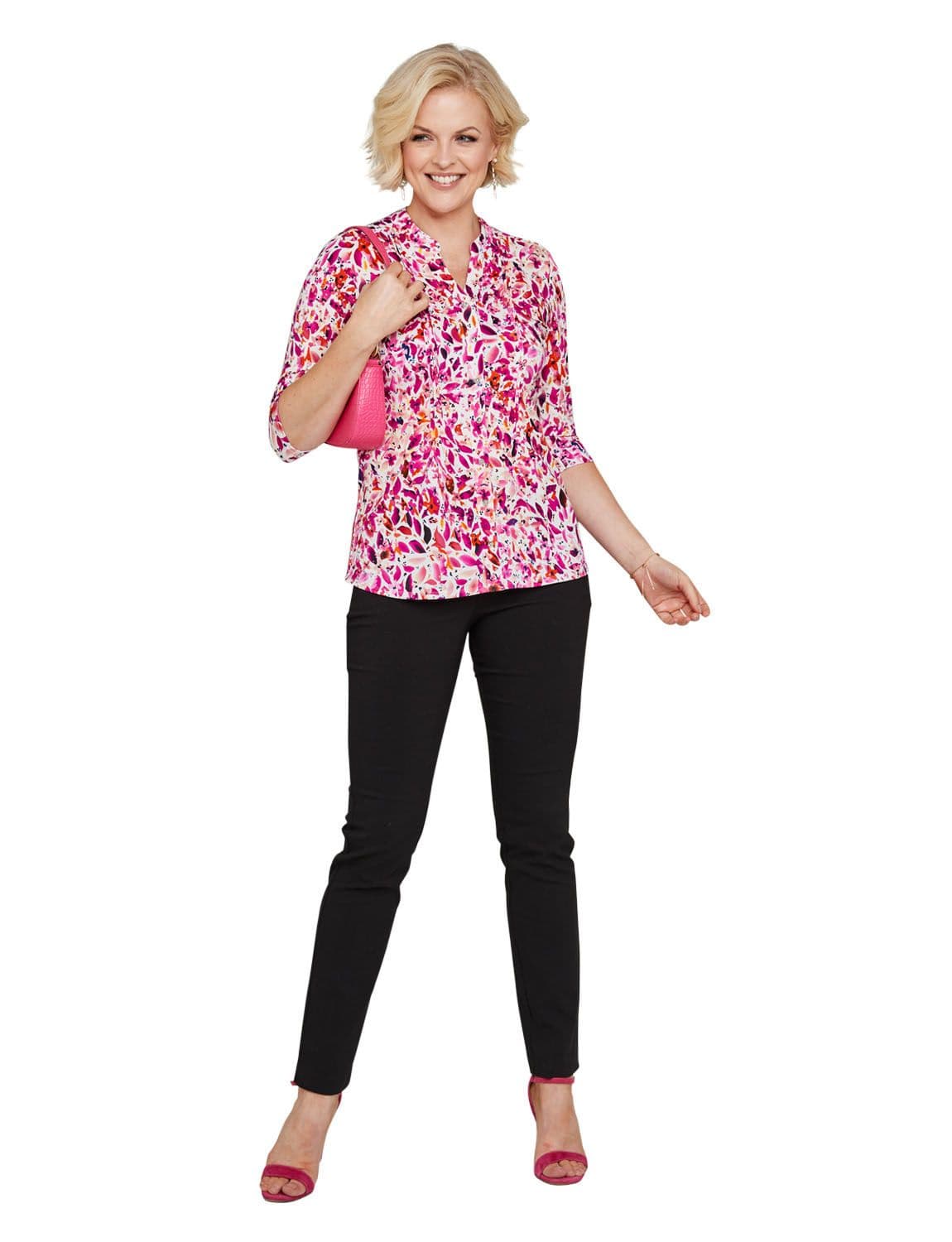 Chums Women's Jersey Pintuck Print Shirt 3/4 Sleeve Mock Button Placket in Pink | Size: 12
