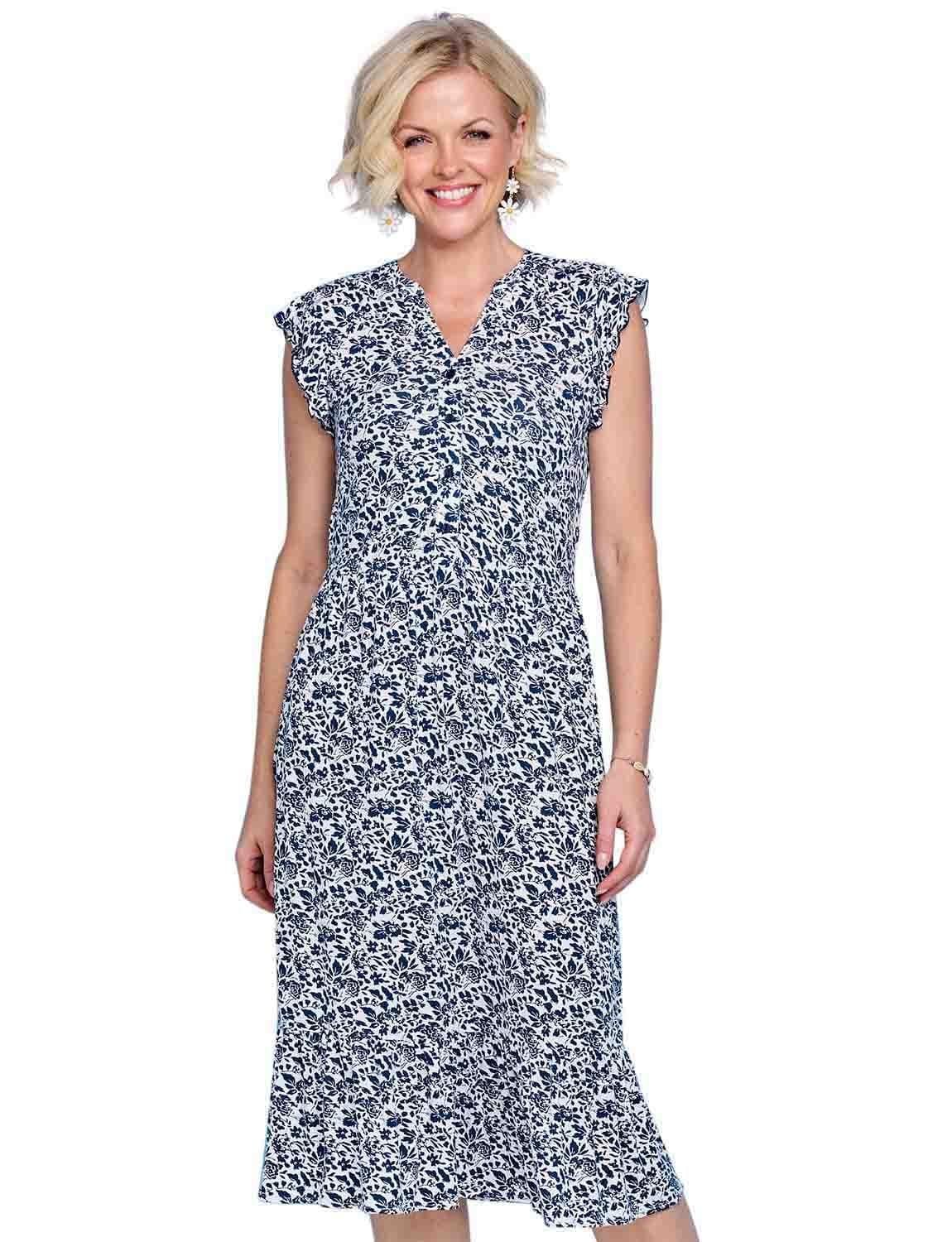 Chums Women's Elegant Floral Print Viscose Dress with Frill Sleeve Detail in Navy | Size: 12