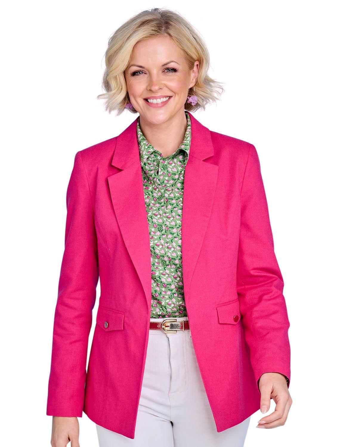 Chums Women's Stylish Linen Blend Tailored Jacket with Chic Edge-to-Edge Design in Pink | Size: 14