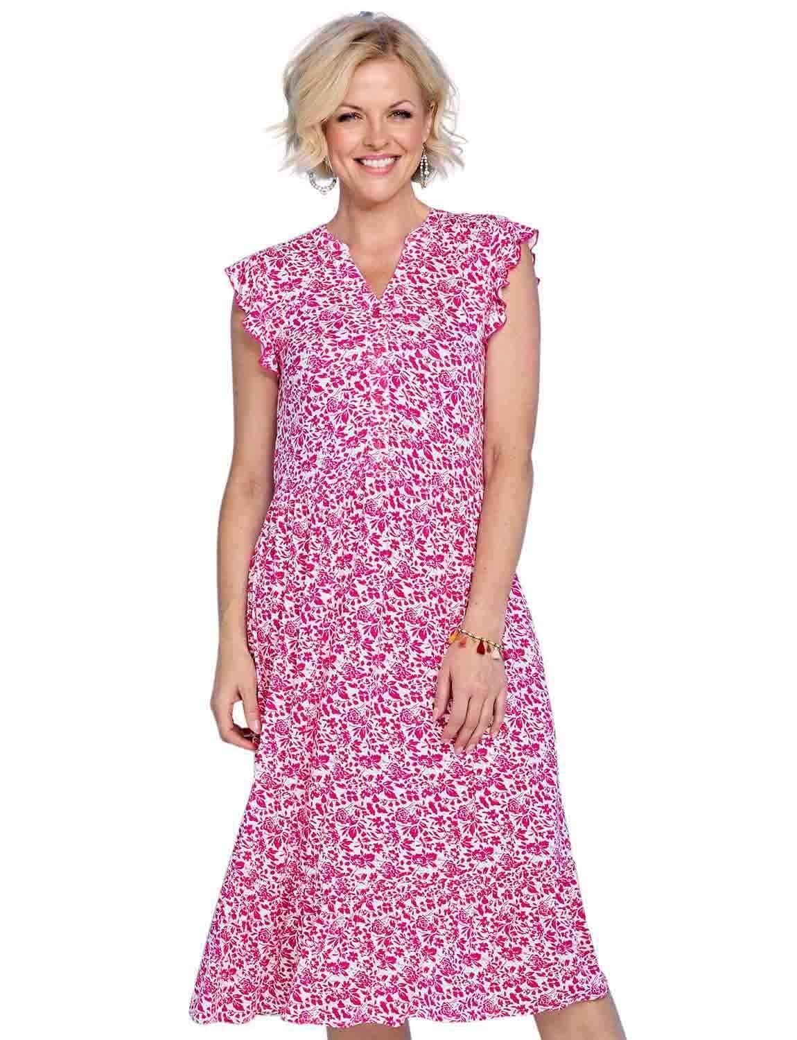 Chums Women's Elegant Floral Print Viscose Dress with Frill Sleeve Detail in Pink | Size: 14
