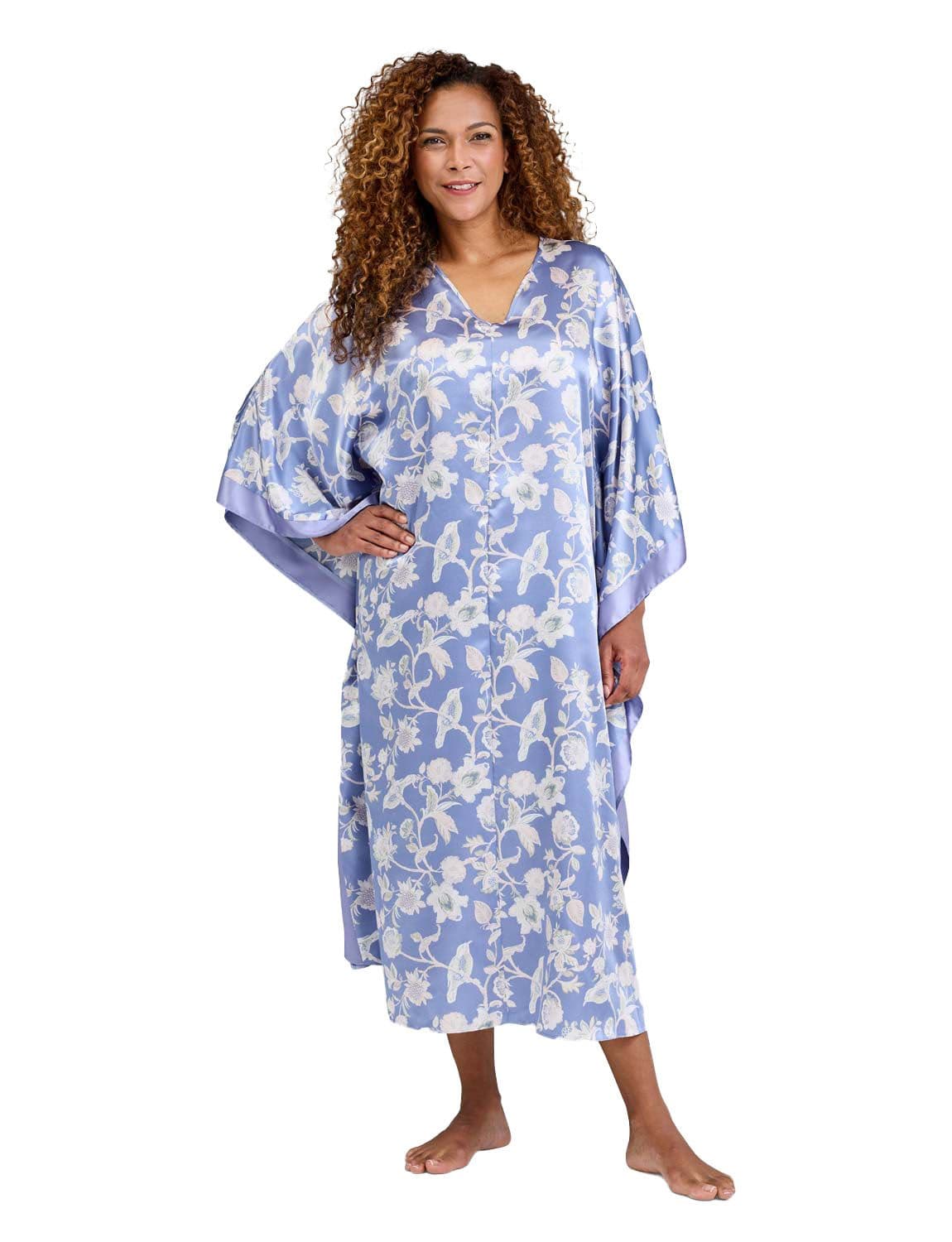 Chums Women's Luxury Satin Kaftan Bird & Flower Print Charmeuse Sleepwear with in Blue