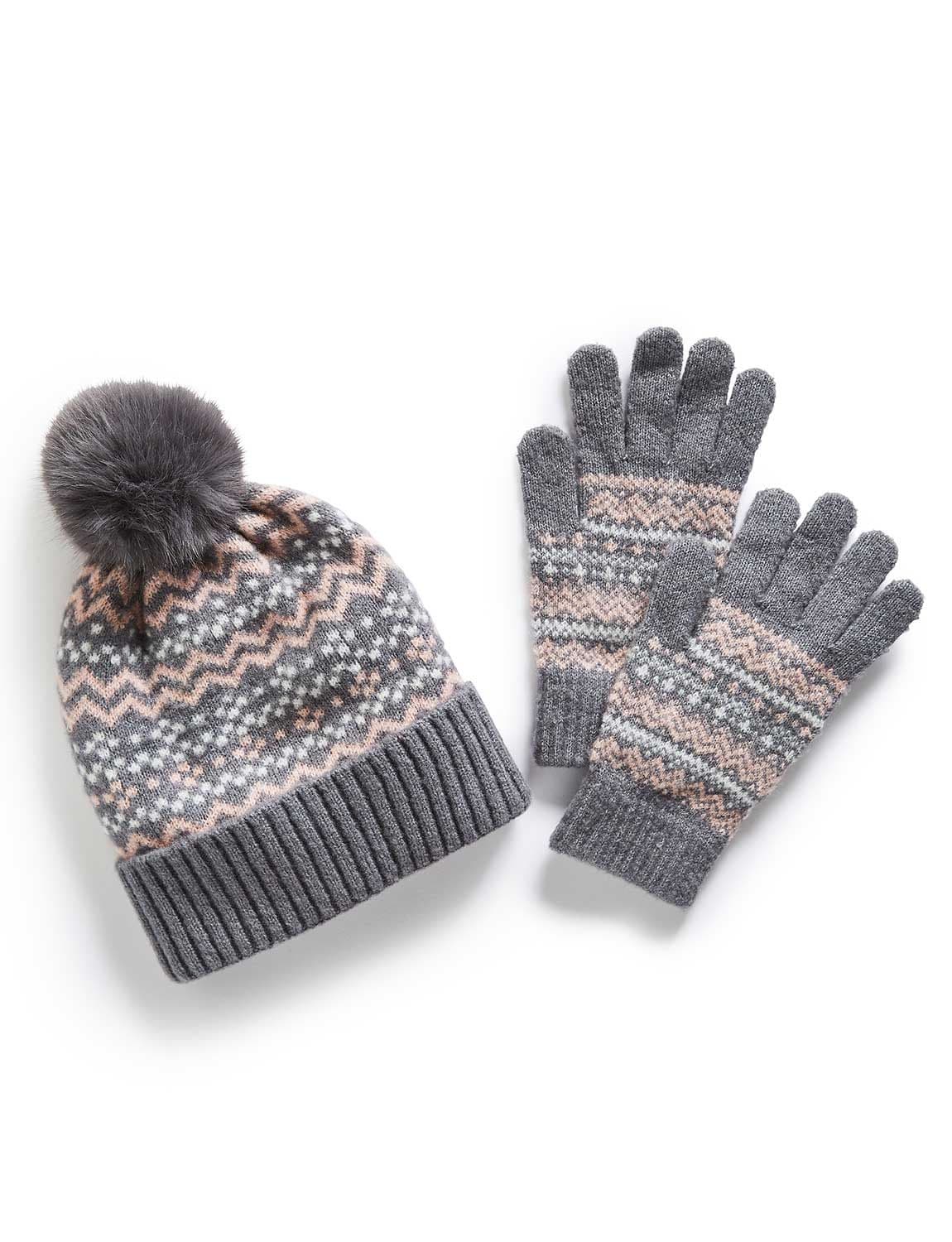Chums Women's Fairisle Inspired Winter Hat & Gloves Set Warm Knitted Beanie with in Mid Grey