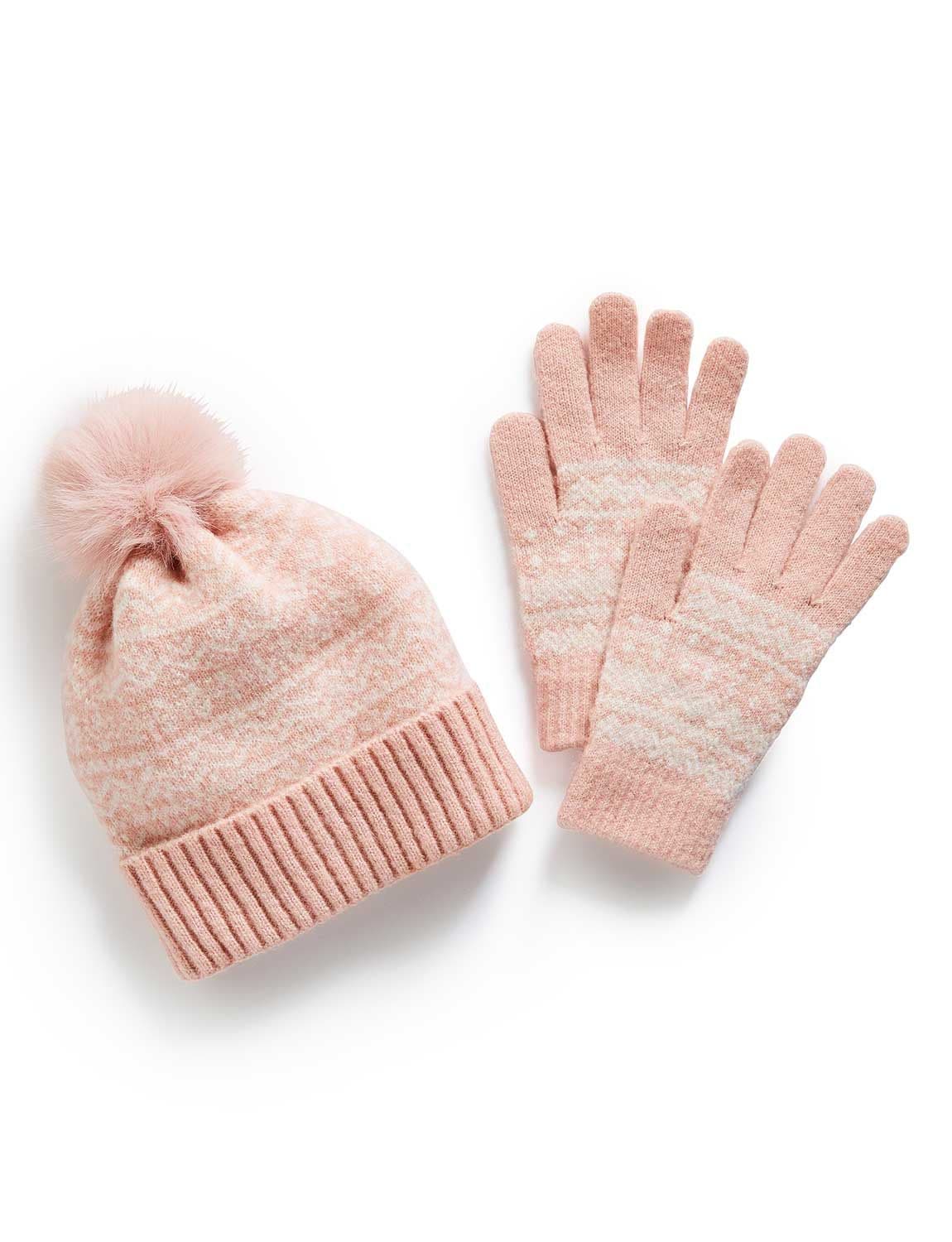 Chums Women's Fairisle Inspired Winter Hat & Gloves Set Warm Knitted Beanie with in Pink