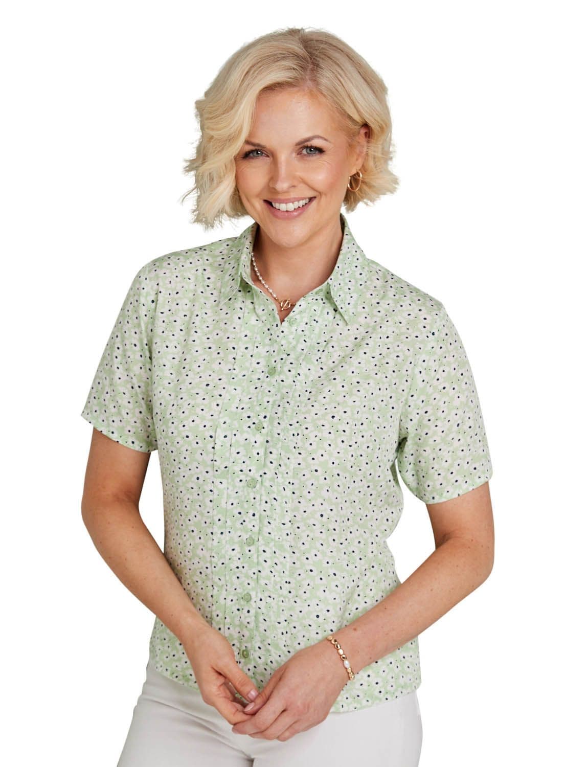 Chums Women's Short Sleeve Pintuck Printed Blouse in Light Green | Size: 16