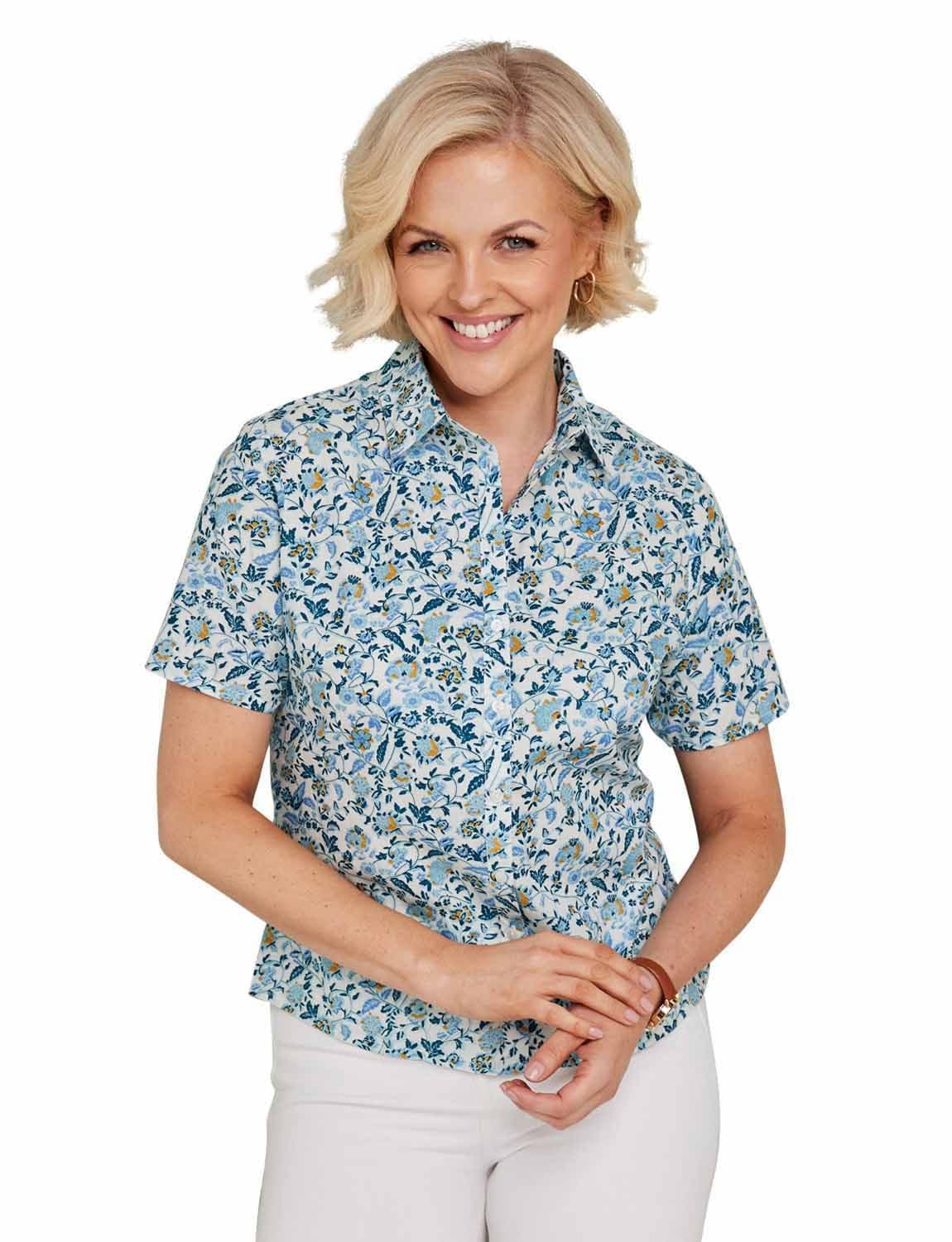 Chums Women's Short Sleeve Cotton Printed Blouse in White | Size: 14