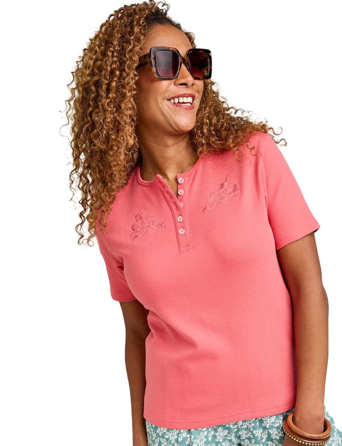 Chums Women's Grandad Top With Embroidery in Peach | Size: 18-20