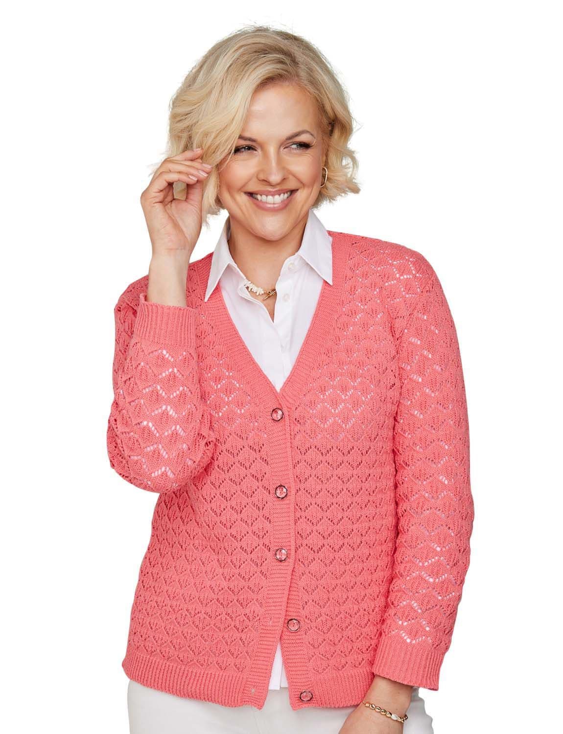 Chums Women's Cardigan Pointelle Knit in Coral | Size: Medium/Large